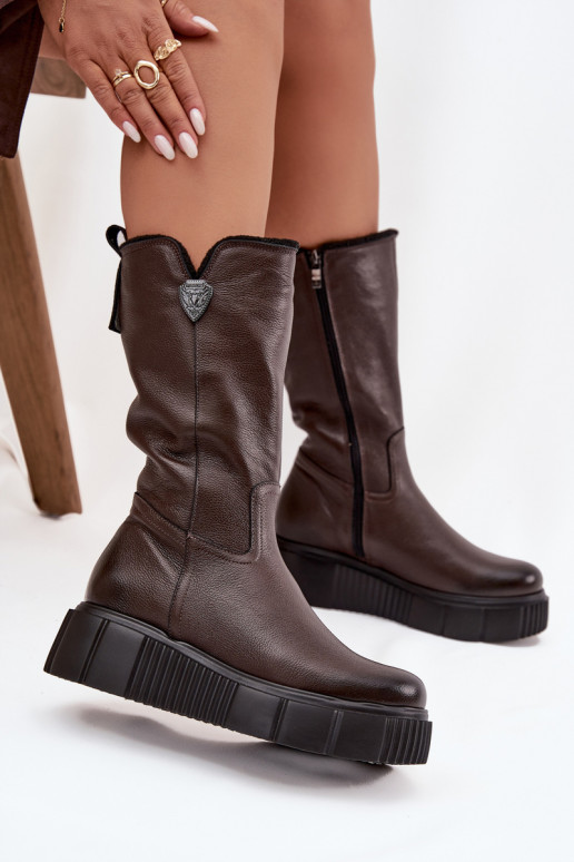Leather women's knee-high boots with wool Zazoo 70121 chocolate