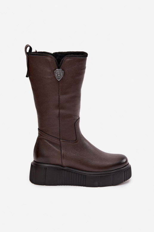 Leather women's knee-high boots with wool Zazoo 70121 chocolate