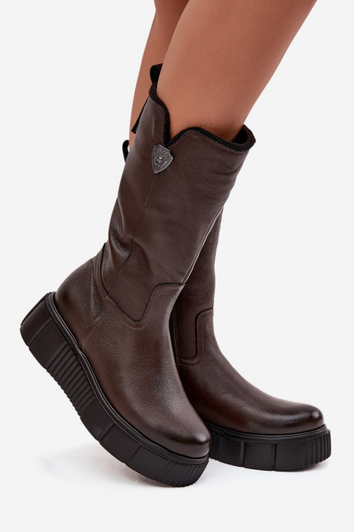 Leather women's knee-high boots with wool Zazoo 70121 chocolate