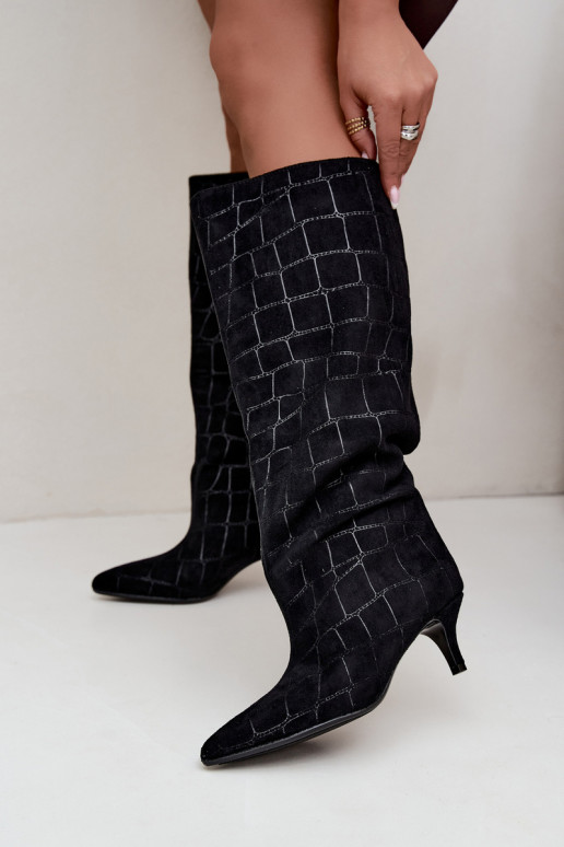 Black slip-on over-the-knee boots with embossed details and heels Cazelle