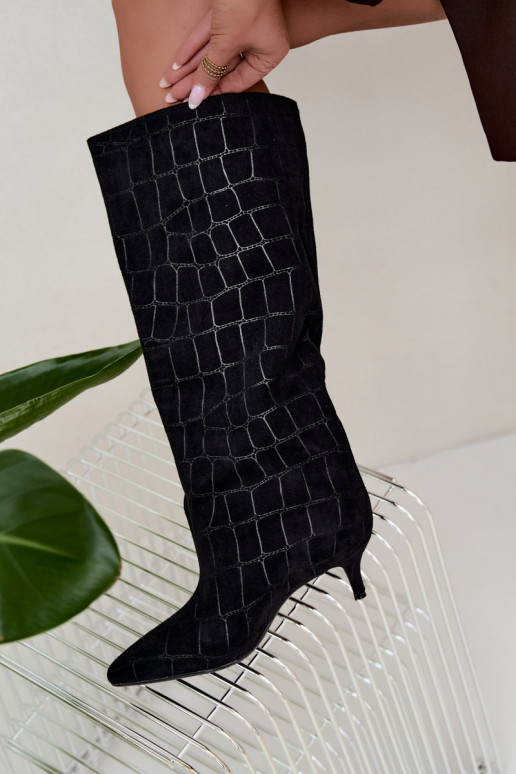 Black slip-on over-the-knee boots with embossed details and heels Cazelle