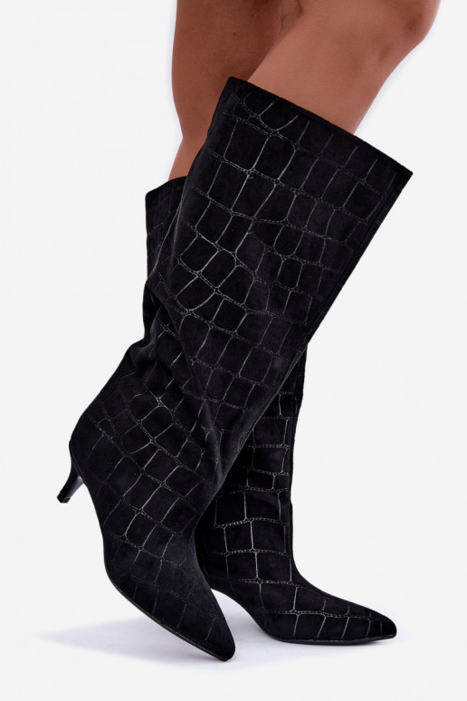 Black slip-on over-the-knee boots with embossed details and heels Cazelle