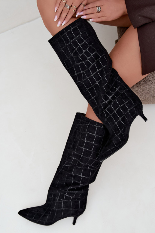 Black slip-on over-the-knee boots with embossed details and heels Cazelle