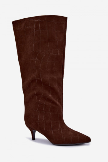 Brown slip-on over-the-knee boots with embossed details and heels Cazelle
