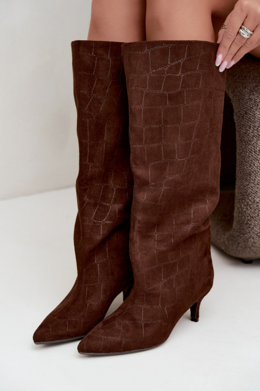 Brown slip-on over-the-knee boots with embossed details and heels Cazelle