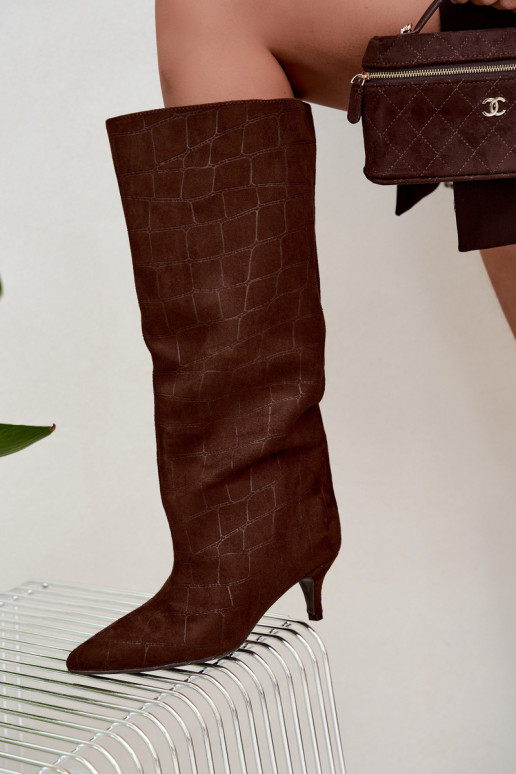 Brown slip-on over-the-knee boots with embossed details and heels Cazelle