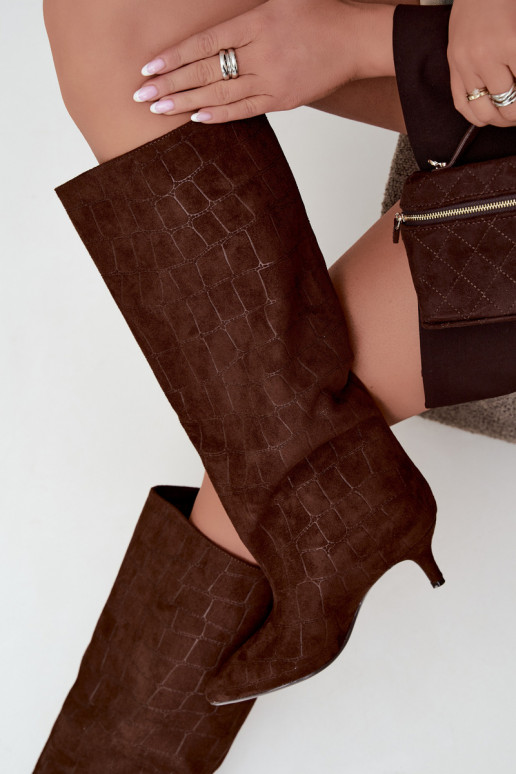Brown slip-on over-the-knee boots with embossed details and heels Cazelle