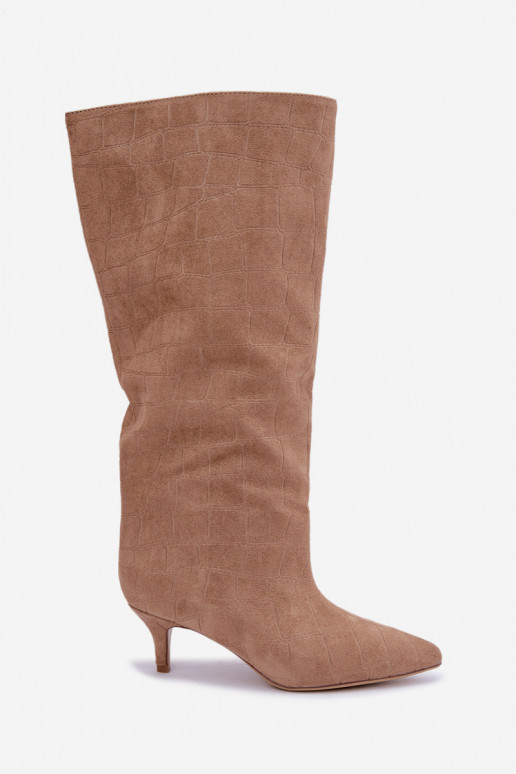Sand slip-on over-the-knee boots with embossed details and heels Cazelle