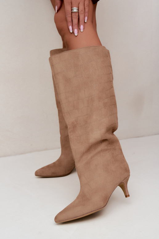 Sand slip-on over-the-knee boots with embossed details and heels Cazelle