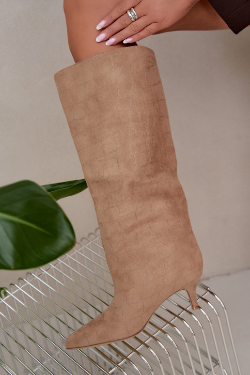 Sand slip-on over-the-knee boots with embossed details and heels Cazelle