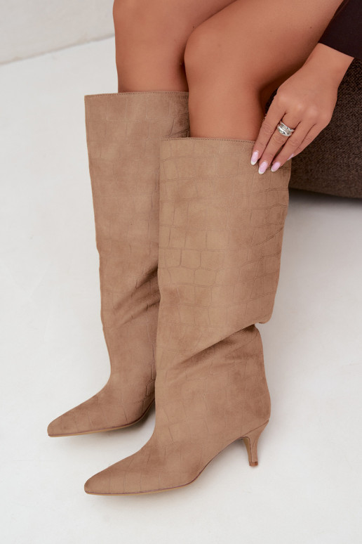 Sand slip-on over-the-knee boots with embossed details and heels Cazelle