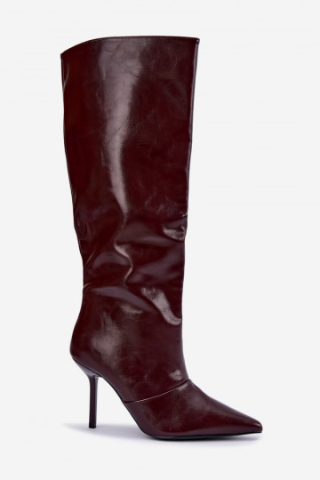 Warm over-the-knee boots with thin heels in burgundy color Fenoria