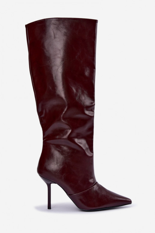 Warm over-the-knee boots with thin heels in burgundy color Fenoria