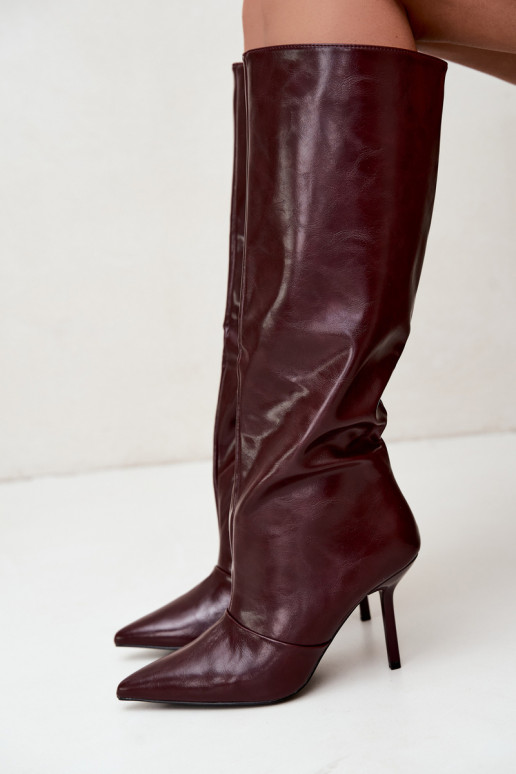 Warm over-the-knee boots with thin heels in burgundy color Fenoria