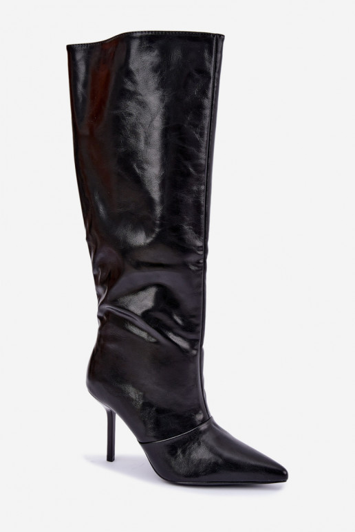Warm over-the-knee boots with thin heels in black color Fenoria