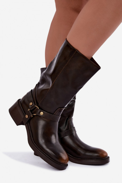 Warm ankle boots with decorative straps in chocolate color Galdine