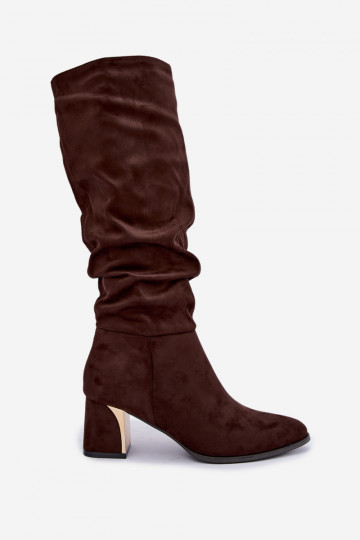 Warm wrinkled knee-high boots with heels in chocolate Ivenna 2