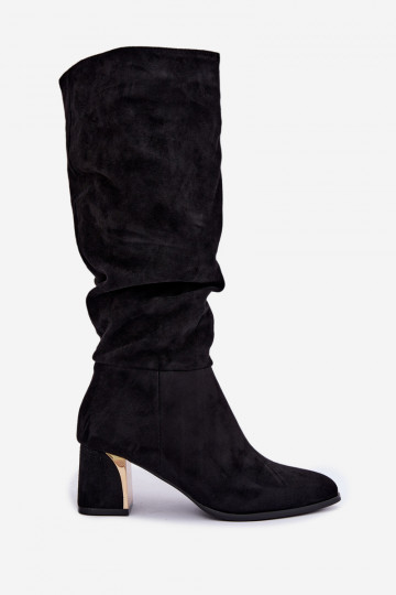 Warm wrinkled knee-high boots with heels in black Ivenna 2