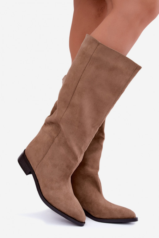 Slip-on knee-high boots with wide heels in sand Cadorine