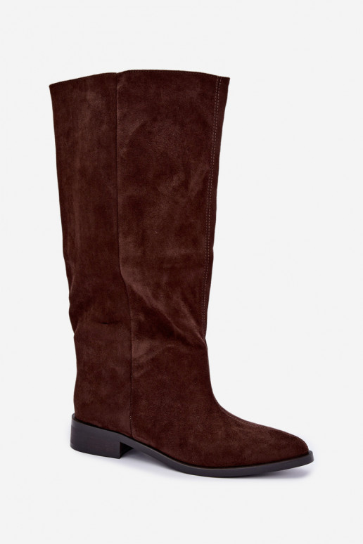 Slip-on knee-high boots with wide heels in chocolate Cadorine