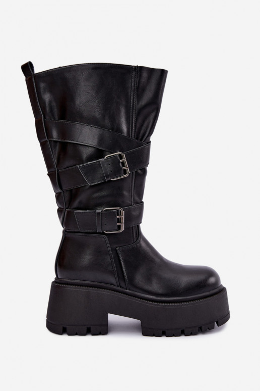 Knee-high boots with platform and straps in black Delsenne