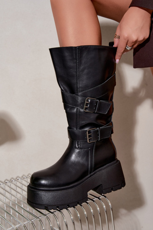 Knee-high boots with platform and straps in black Delsenne