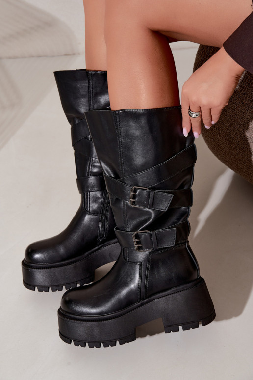 Knee-high boots with platform and straps in black Delsenne