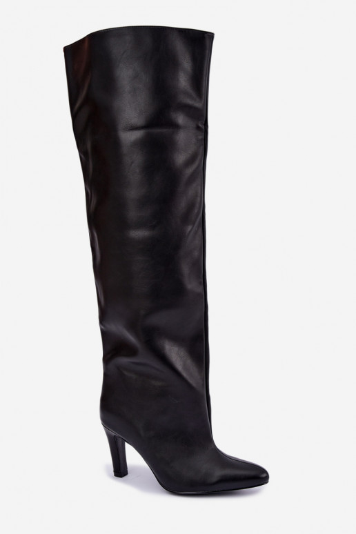 Slip-on women's knee-high boots with pointed heels above the knee in black Emorine