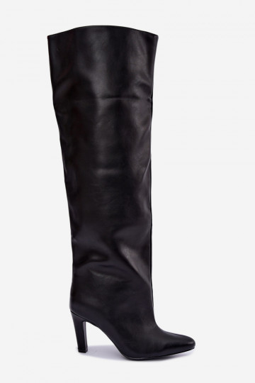 Slip-on women's knee-high boots with pointed heels above the knee in black Emorine 2
