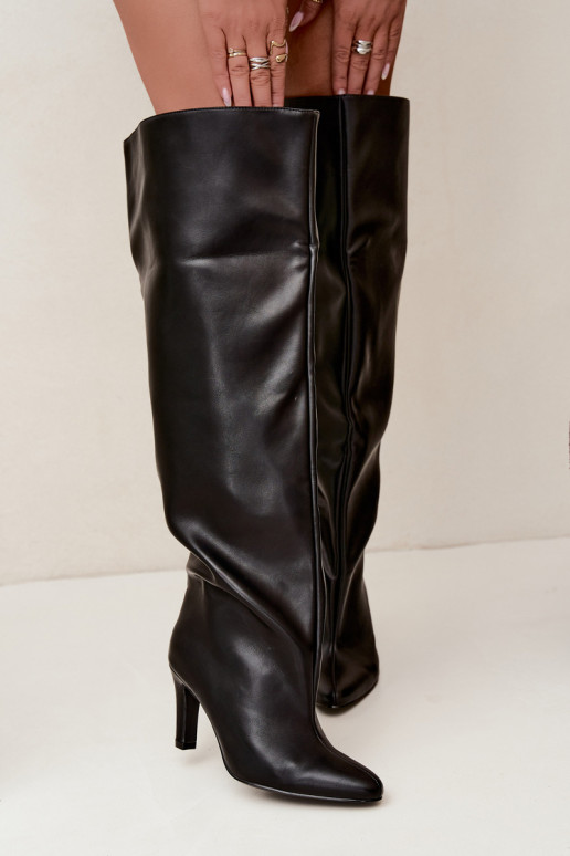 Slip-on women's knee-high boots with pointed heels above the knee in black Emorine