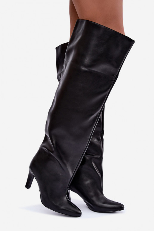 Slip-on women's knee-high boots with pointed heels above the knee in black Emorine