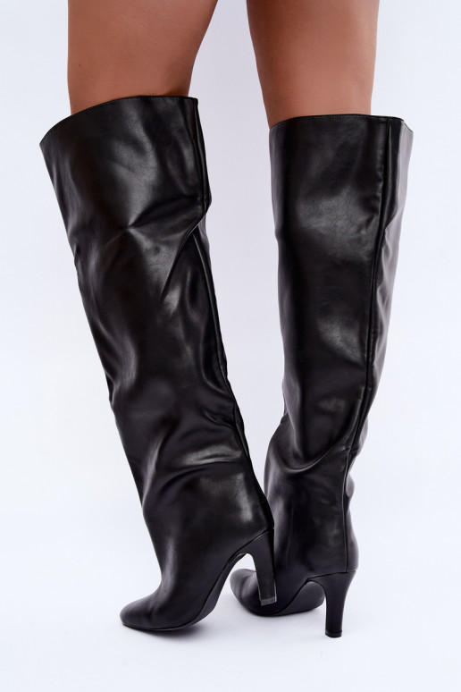 Slip-on women's knee-high boots with pointed heels above the knee in black Emorine