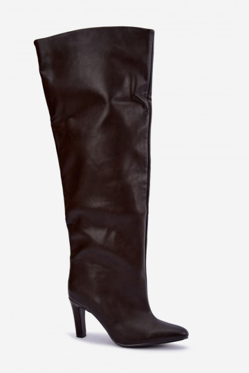 Slip-on women's knee-high boots with pointed heels above the knee in chocolate Emorine
