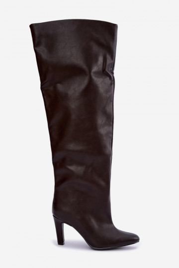 Slip-on women's knee-high boots with pointed heels above the knee in chocolate Emorine 2