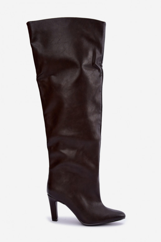 Slip-on women's knee-high boots with pointed heels above the knee in chocolate Emorine
