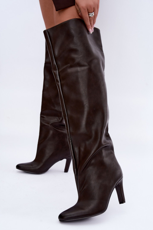 Slip-on women's knee-high boots with pointed heels above the knee in chocolate Emorine