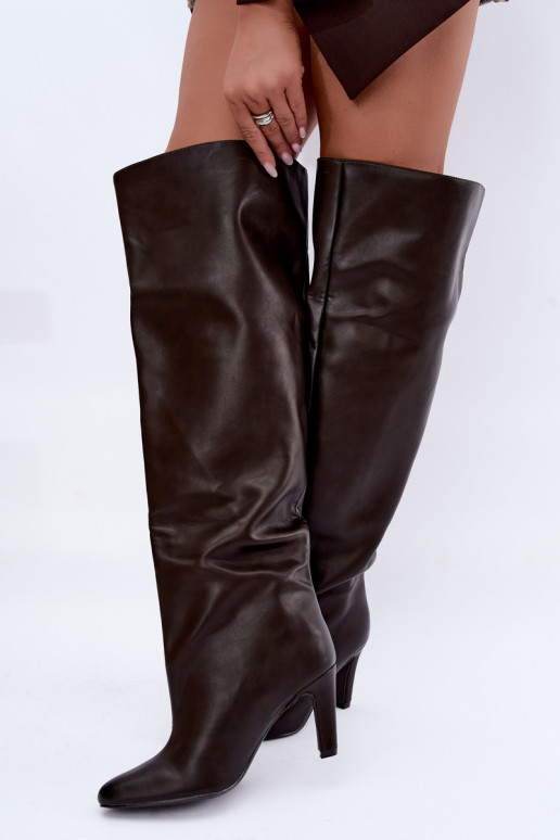 Slip-on women's knee-high boots with pointed heels above the knee in chocolate Emorine