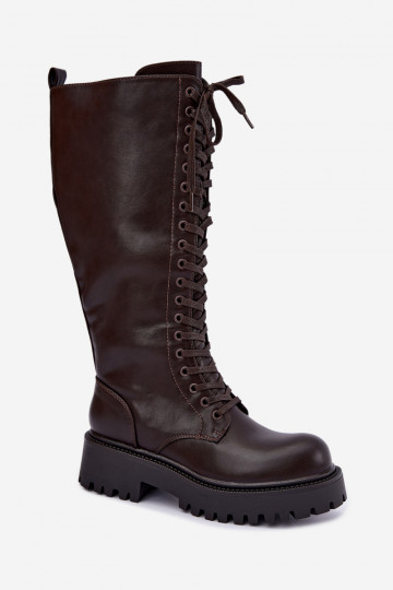 Warm women's knee-high boots with platform and laces in chocolate Kasmina