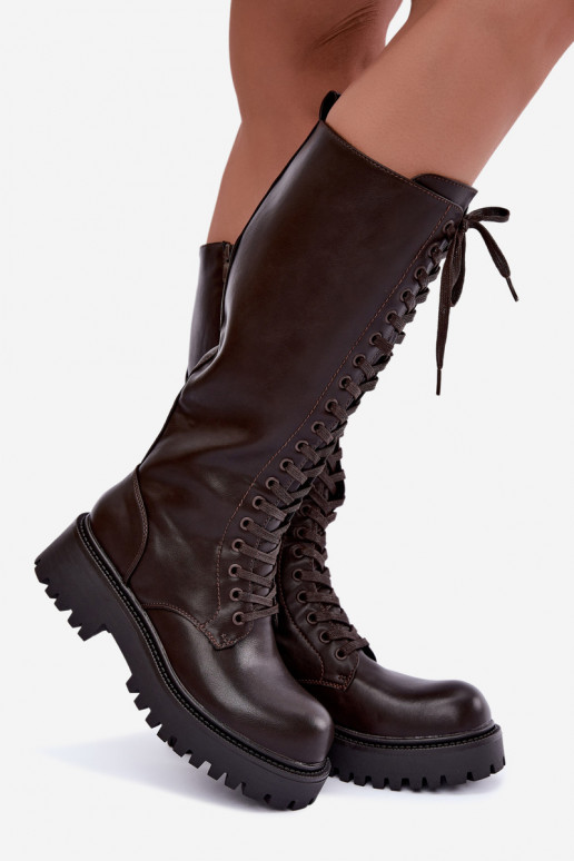 Warm women's knee-high boots with platform and laces in chocolate Kasmina