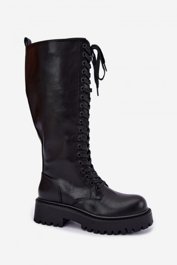 Warm women's knee-high boots with platform and laces in black Kasmina
