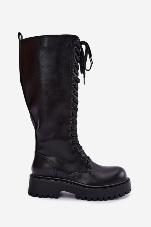 Warm women's knee-high boots with platform and laces in black Kasmina