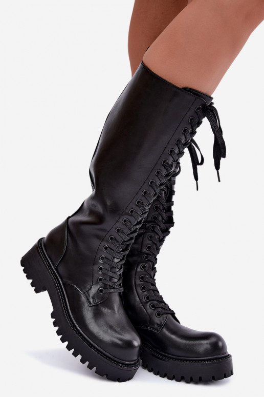 Warm women's knee-high boots with platform and laces in black Kasmina