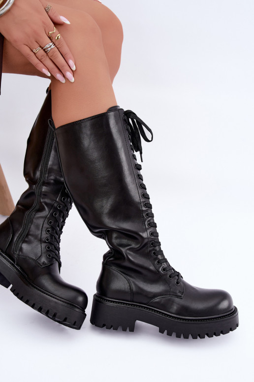Warm women's knee-high boots with platform and laces in black Kasmina