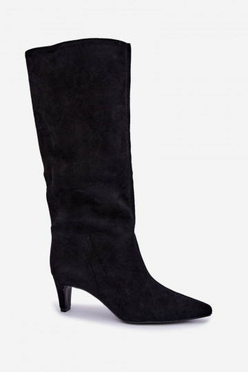 Slip-on knee-high boots made of faux suede with heels in black Pamelisse