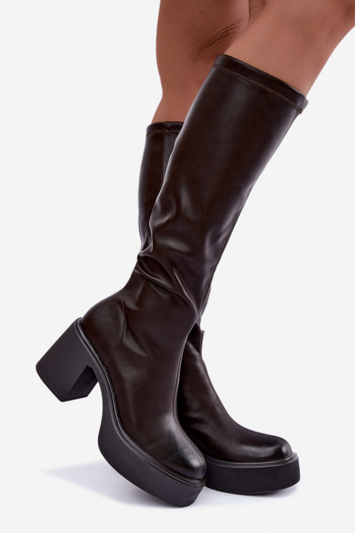 Women's knee-high boots with platform and heels in faux leather chocolate color Nesalie