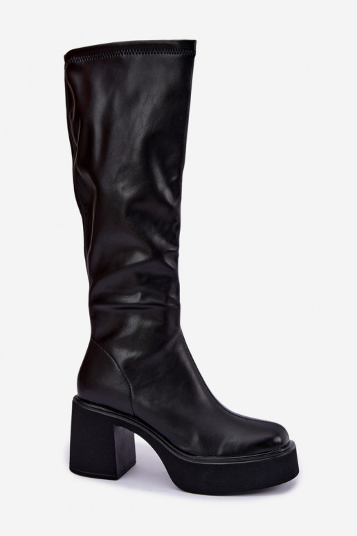 Women's knee-high boots with platform and heels in black faux leather Nesalie