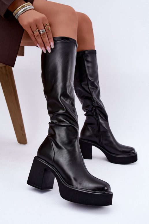 Women's knee-high boots with platform and heels in black faux leather Nesalie
