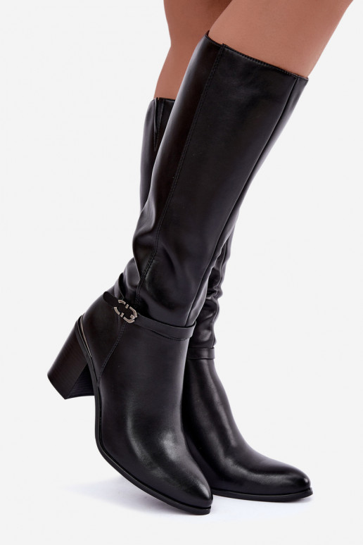 Women's insulated knee-high boots with decorated heels black color Sergio Leone KZ-08