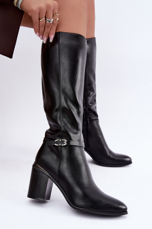 Women's insulated knee-high boots with decorated heels black color Sergio Leone KZ-08