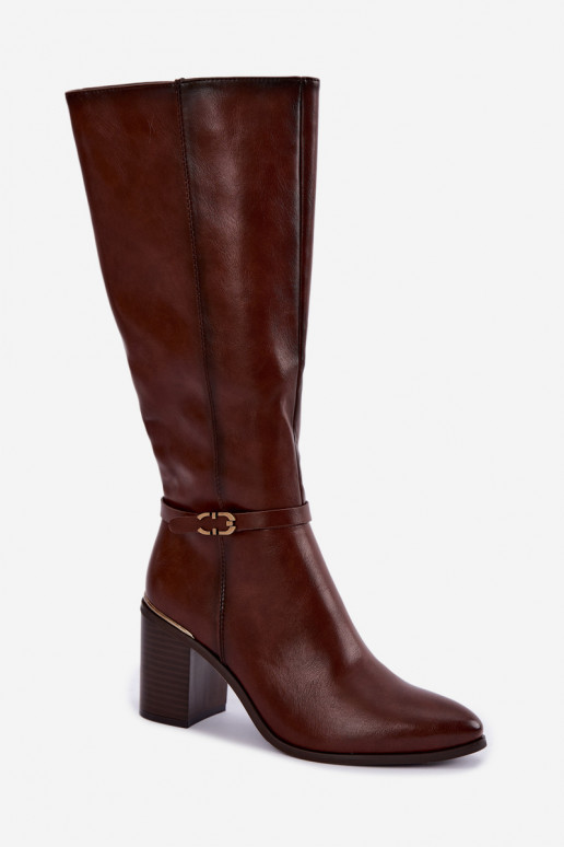 Women's insulated knee-high boots with decorated heels brown color Sergio Leone KZ-08